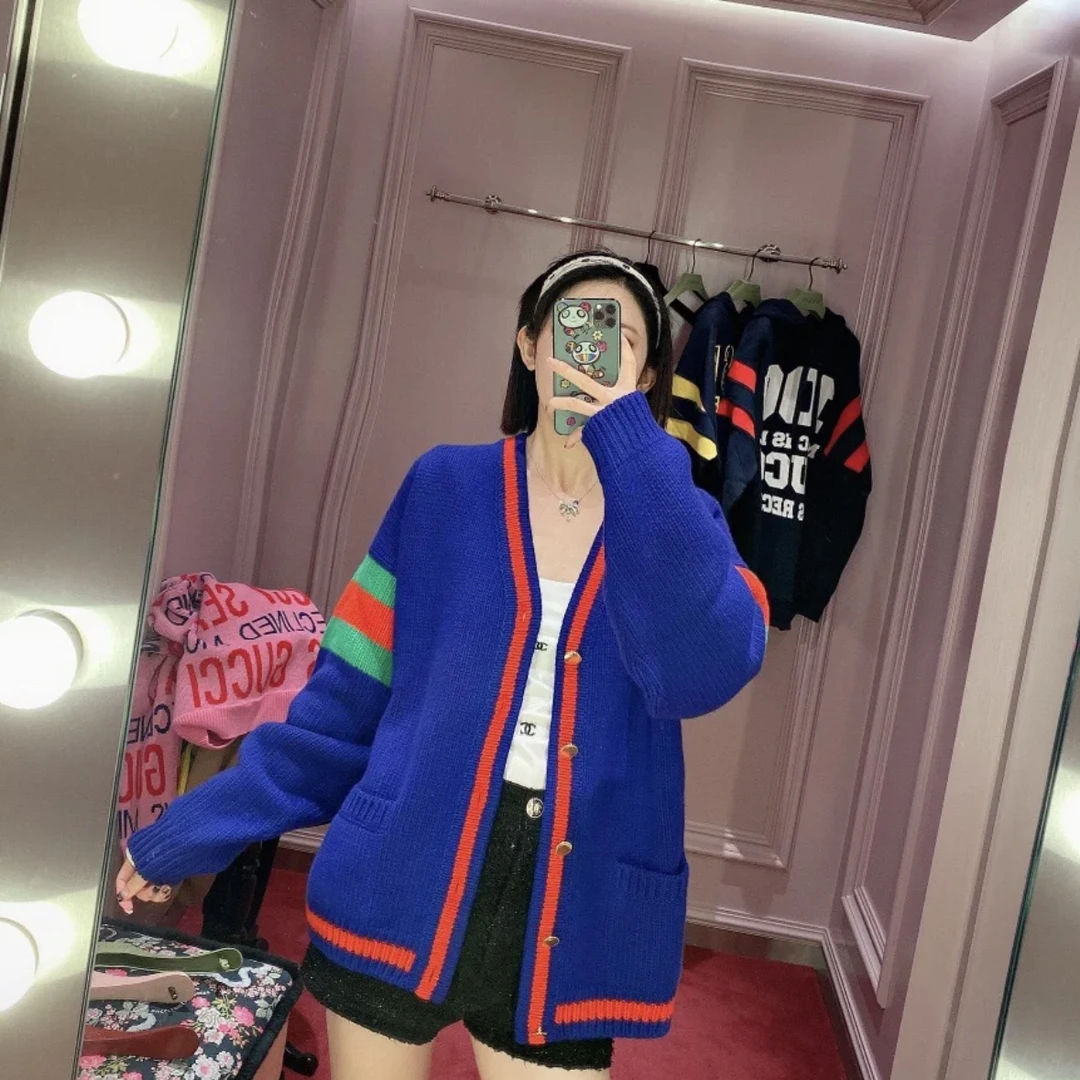 Gucci/古驰/藏蓝拼色开衫毛衣外套 M码 99新 GM001090