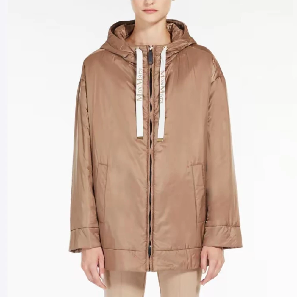Maxmara/奶咖色连帽缎面薄棉服 36码 99新 GM001728