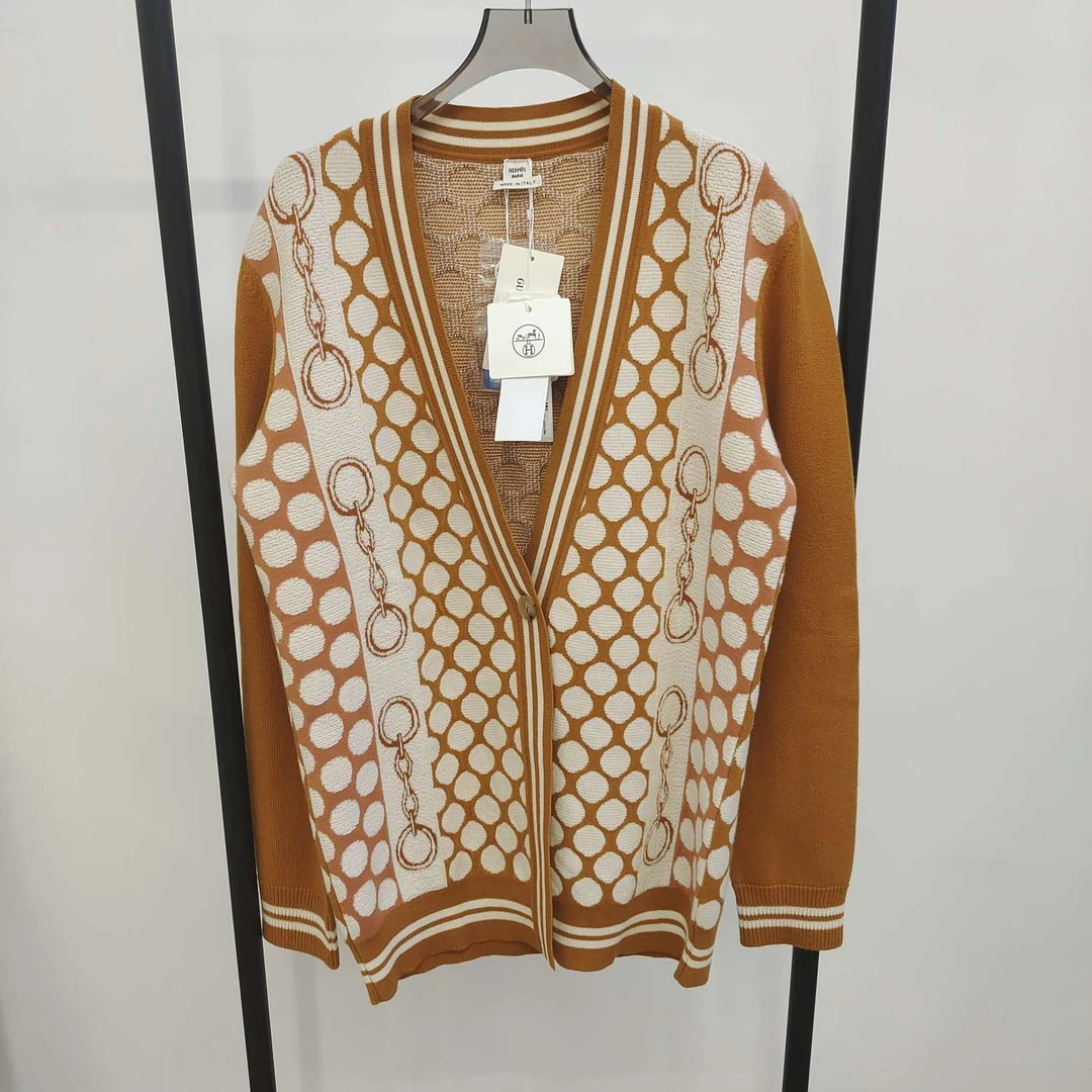 Hermes/爱马仕/棕色波点羊毛开衫毛衣 38码 全新带吊 GM001050
