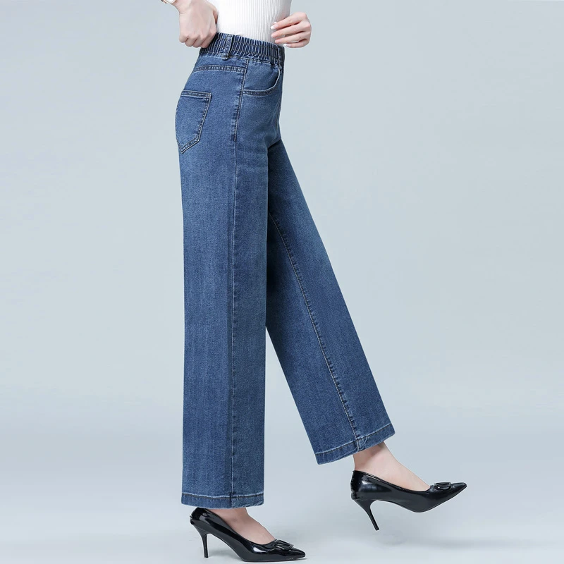 松紧腰阔腿牛仔裤女春秋2025年新款高腰宽松直筒中年妈妈裤子夏季