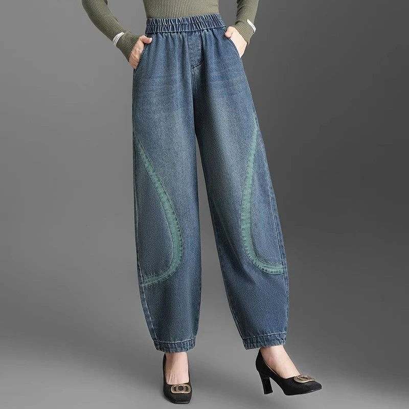 高腰牛仔裤女秋冬灯笼裤显瘦时尚大码宽松阔腿裤洋气中年妈妈裤子
