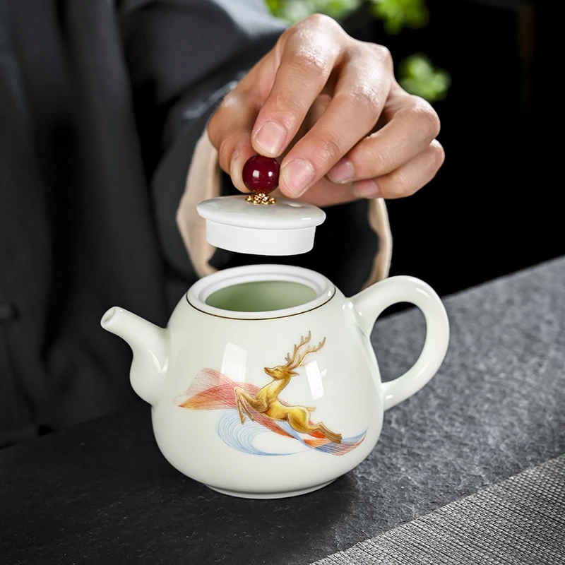 家用青瓷茶壶描金功夫茶具泡茶壶一鹿有你陶瓷将军壶小茶壶单个装