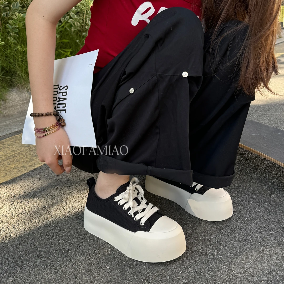 小发喵厚底大头休闲丑萌系带低帮帆布鞋