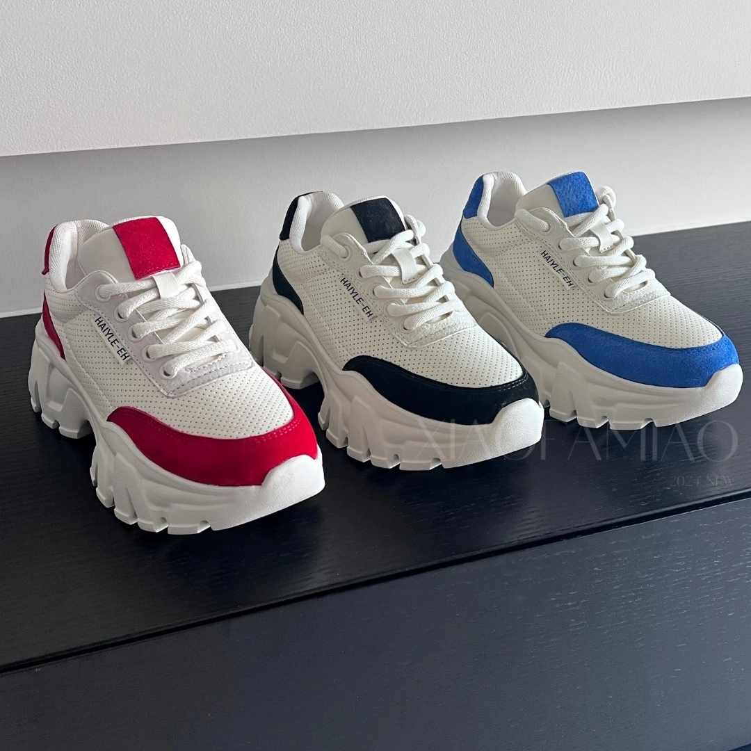 【小发喵】时尚休闲百搭透气拼色潮流网面圆头厚底系带跑步鞋