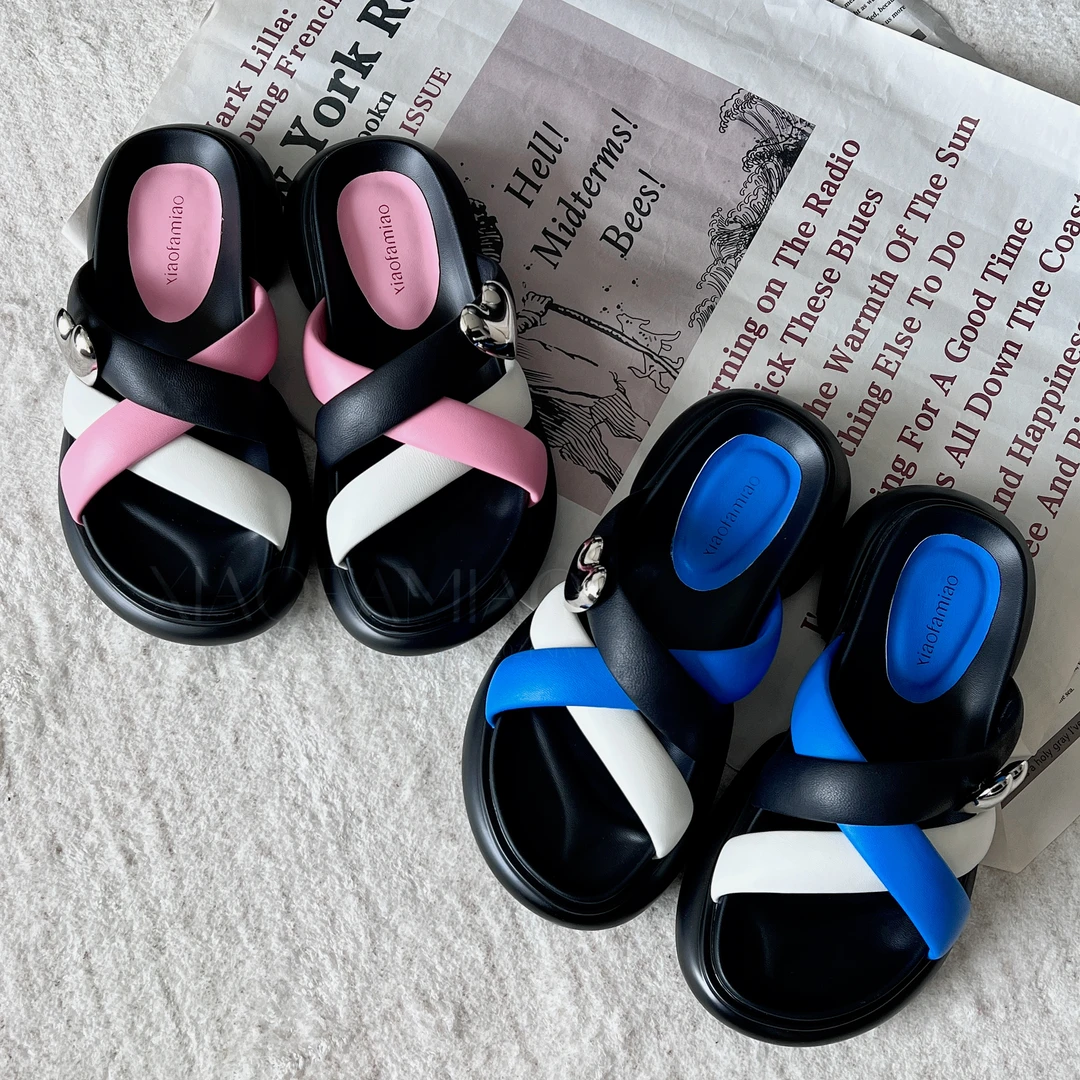 小发喵夏日懒人凉拖时尚休闲纯色圆头耐磨小众ins百搭外穿一字拖