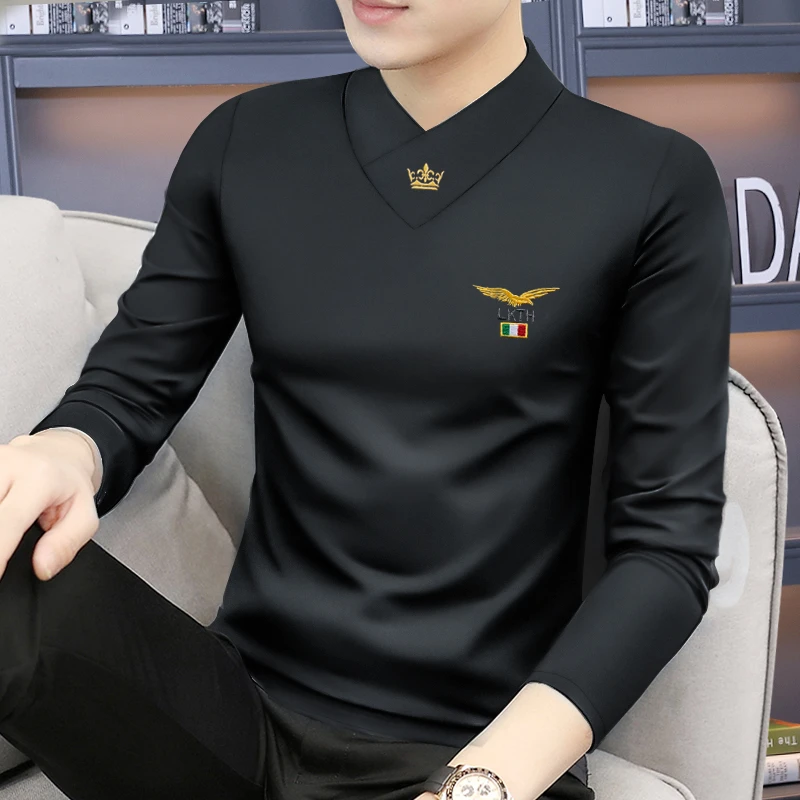 秋冬2023新款男士长袖t恤v领打底衫加绒内搭加厚秋衣上衣服德绒潮