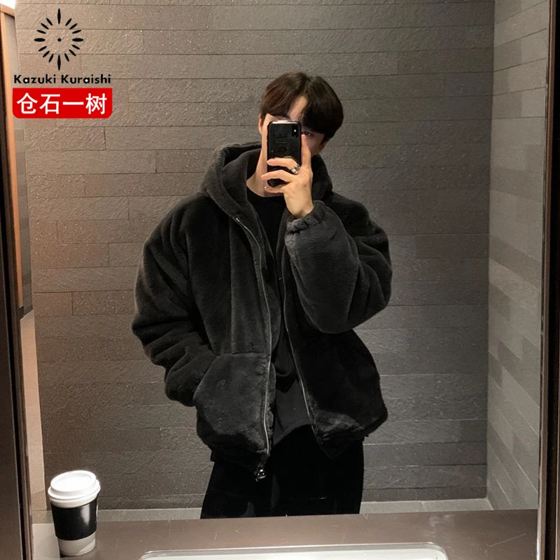 仓石一树冬季黑色连帽羊羔绒外套男加绒加厚网红设计感小众棉衣男