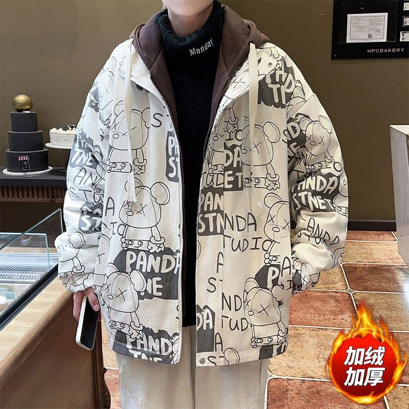 仓石一树潮牌加绒加厚连帽假两件棉服棉衣男士保暖秋冬季宽松外套