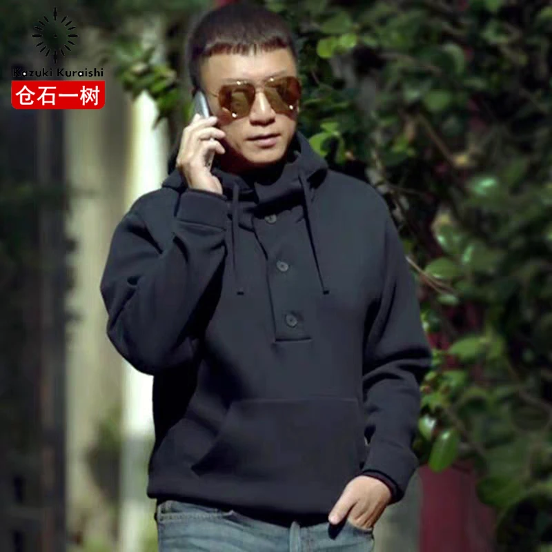 仓石一树潮牌黑色连帽卫衣男2025秋冬新款港风加绒高级感长袖上衣