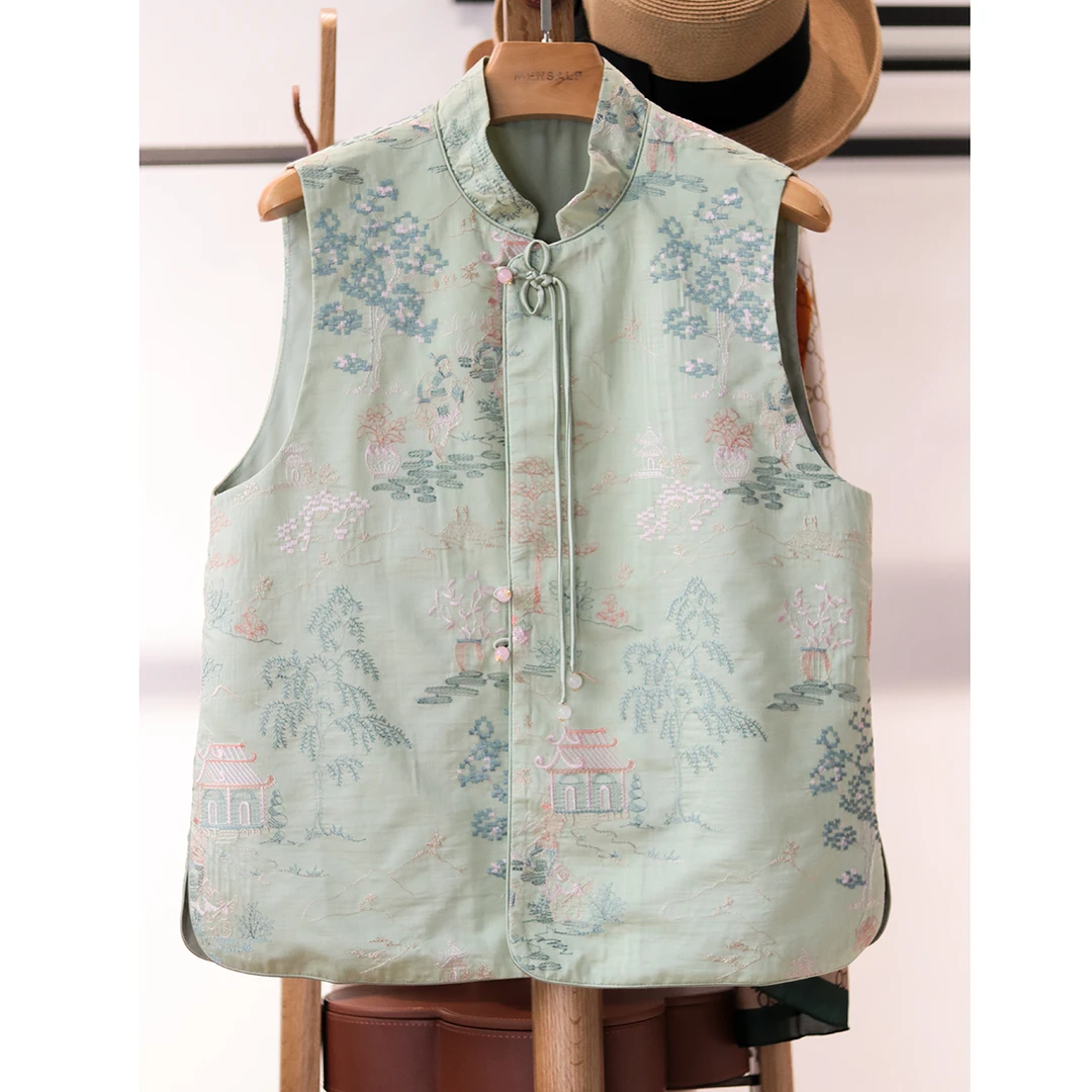 深圳南油~国风新中式春款2024亭台楼阁刺绣轻薄无袖马甲背心MS549
