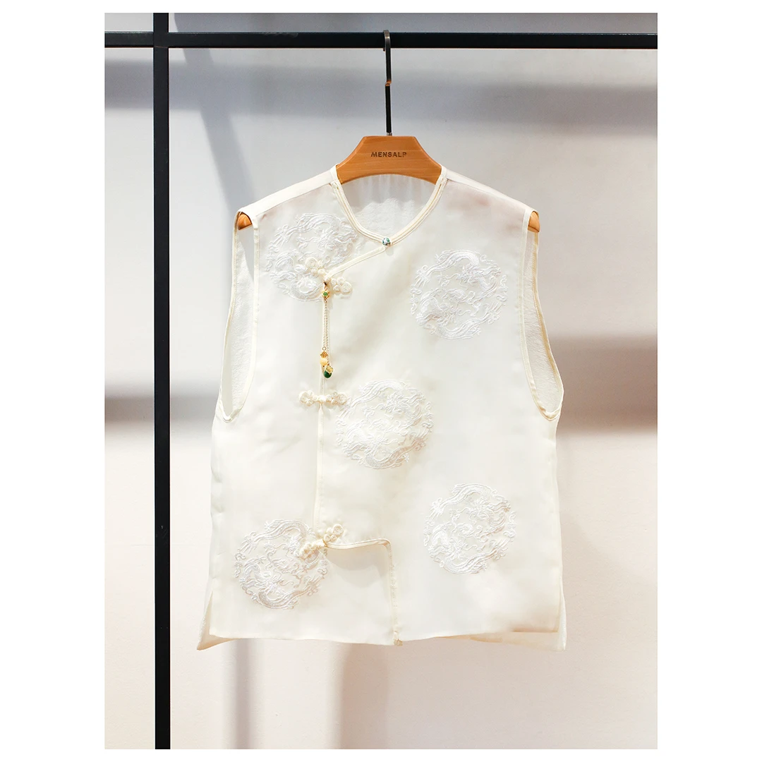 【龙纹】新中式欧根纱质刺绣圆领盘扣国风马甲外套女MS719