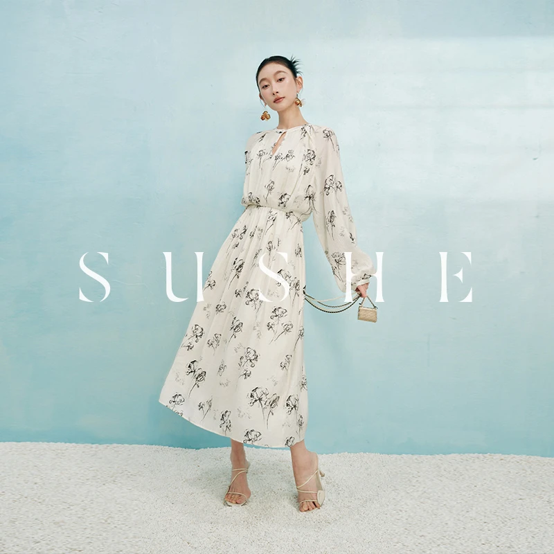 束皙SUSHE盐系白月光水墨艺术提花A字茶歇法式夏季连衣裙女气质