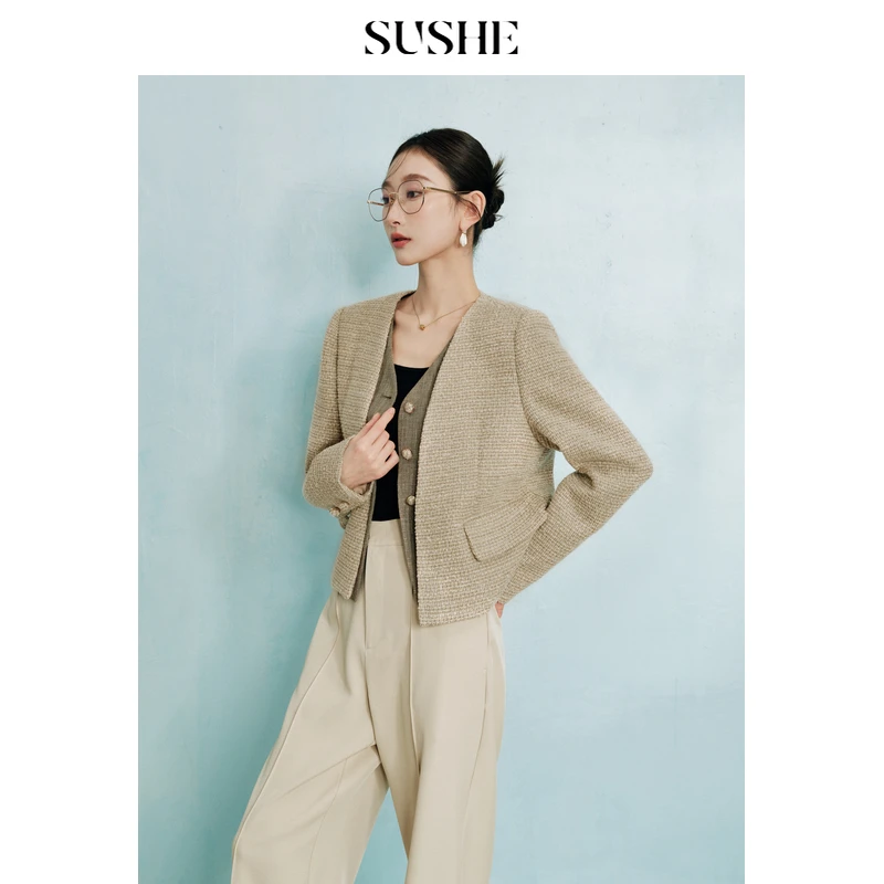 束皙SUSHE 嘉柏丽尔 亮丝粗花呢 箱型假两件新款宽松短款外套女秋