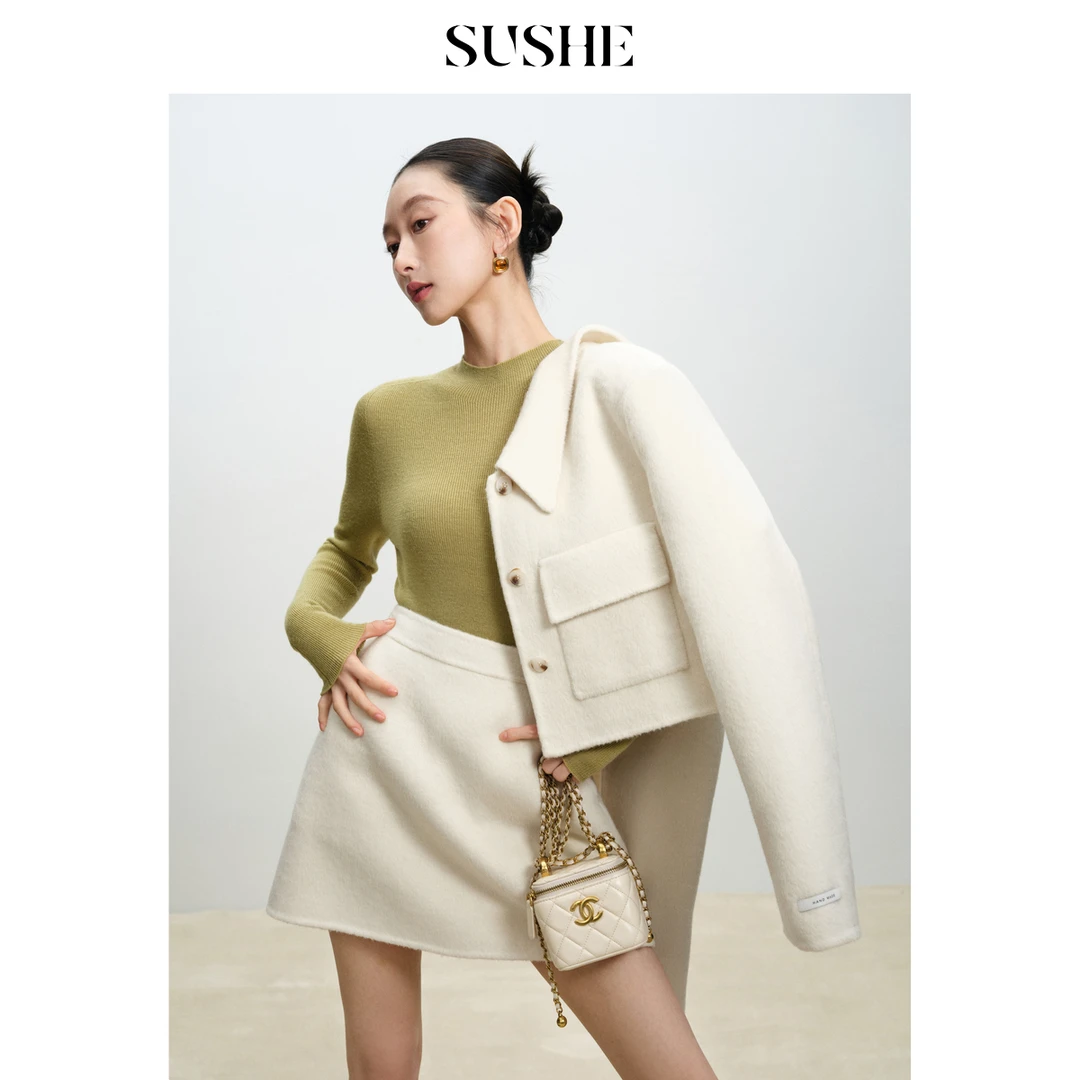 束皙SUSHE秋冬蚕丝驼绒翻领上衣外套短款A字半身裙双面呢套装女