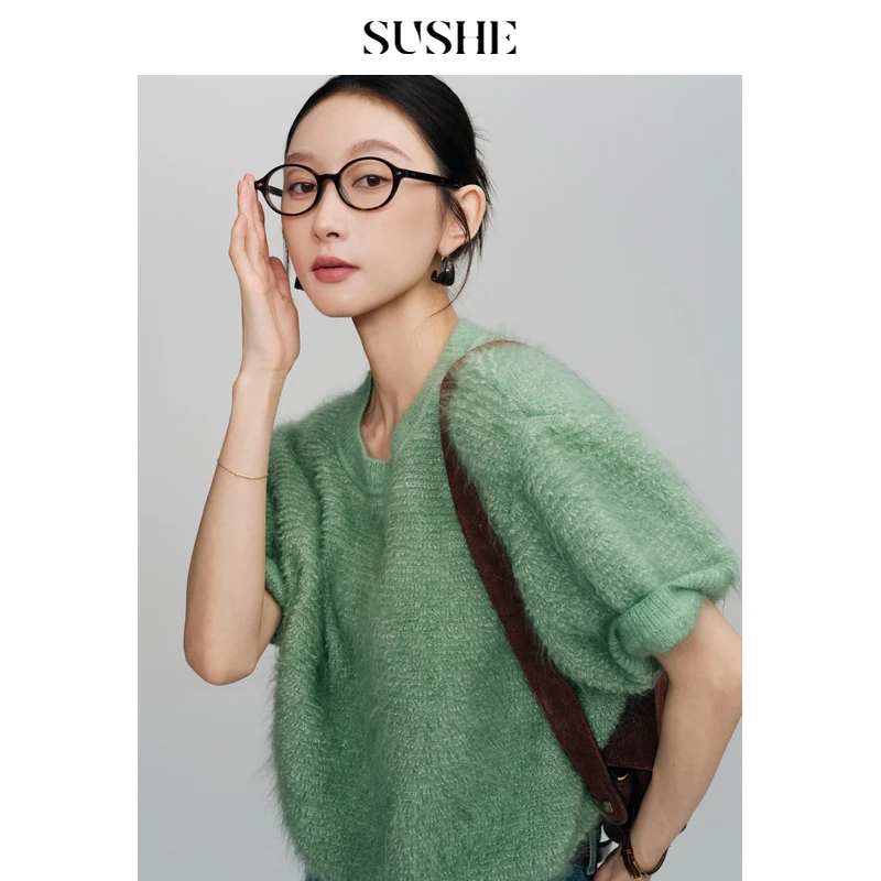 束皙SUSHE 茶闲 定染特种花式马海毛 圆领落肩套头短袖毛衣女
