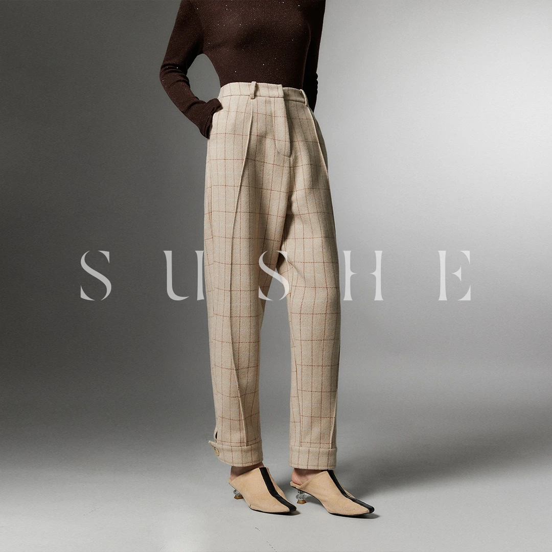束皙SUSHE古典细格弧线挺缝装饰脚口收口绵羊毛哈伦裤锥形裤冬