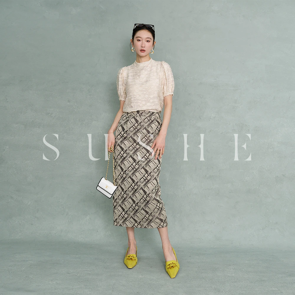 束皙SUSHE夏季新款斑驳垂影提花高时髦复古优雅显瘦高腰裙女