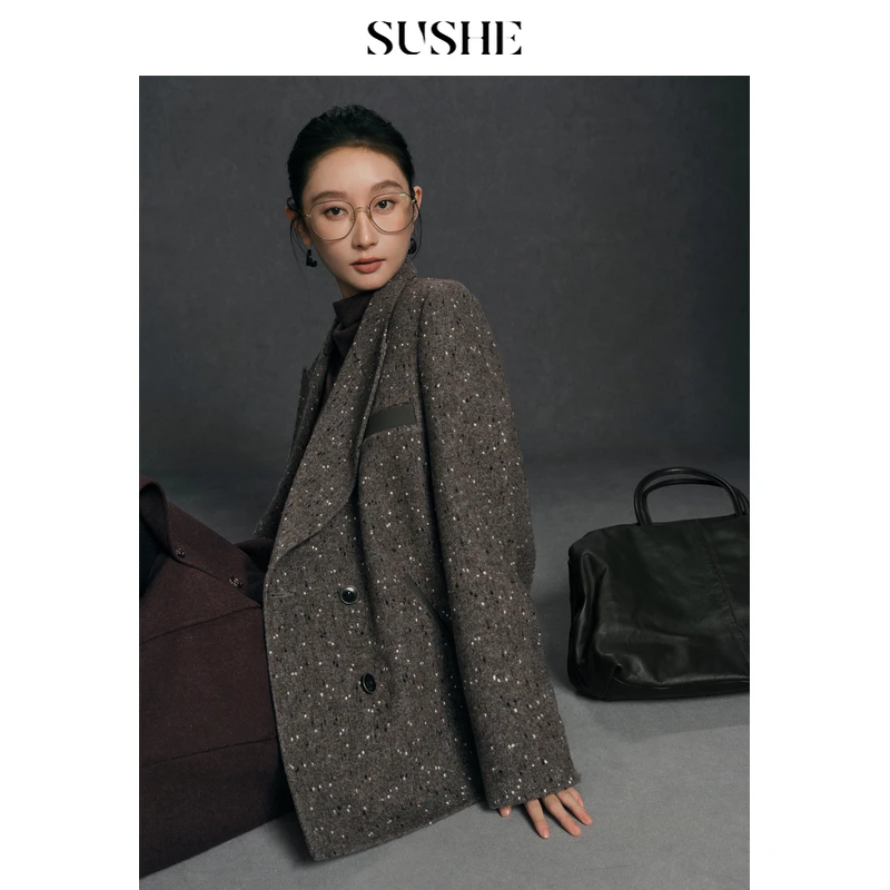 束皙SUSHE 摘星霁 都市老钱 黑白点花纱戗驳领正肩双面呢西装外套