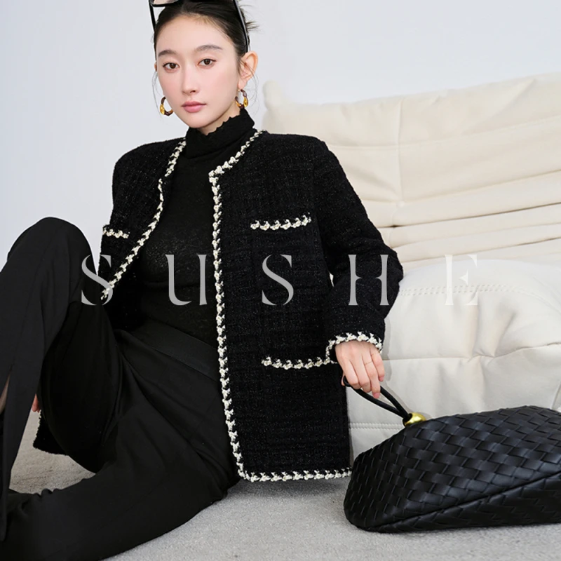 束皙/SUSHE设计感花呢气质名媛风黑色小香风女开衫韩版上衣短外套