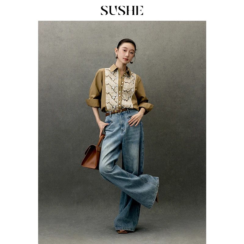 束皙SUSHE高密强捻纱早秋新款刺绣花瓣气质宽松时尚衬衫衬衣女