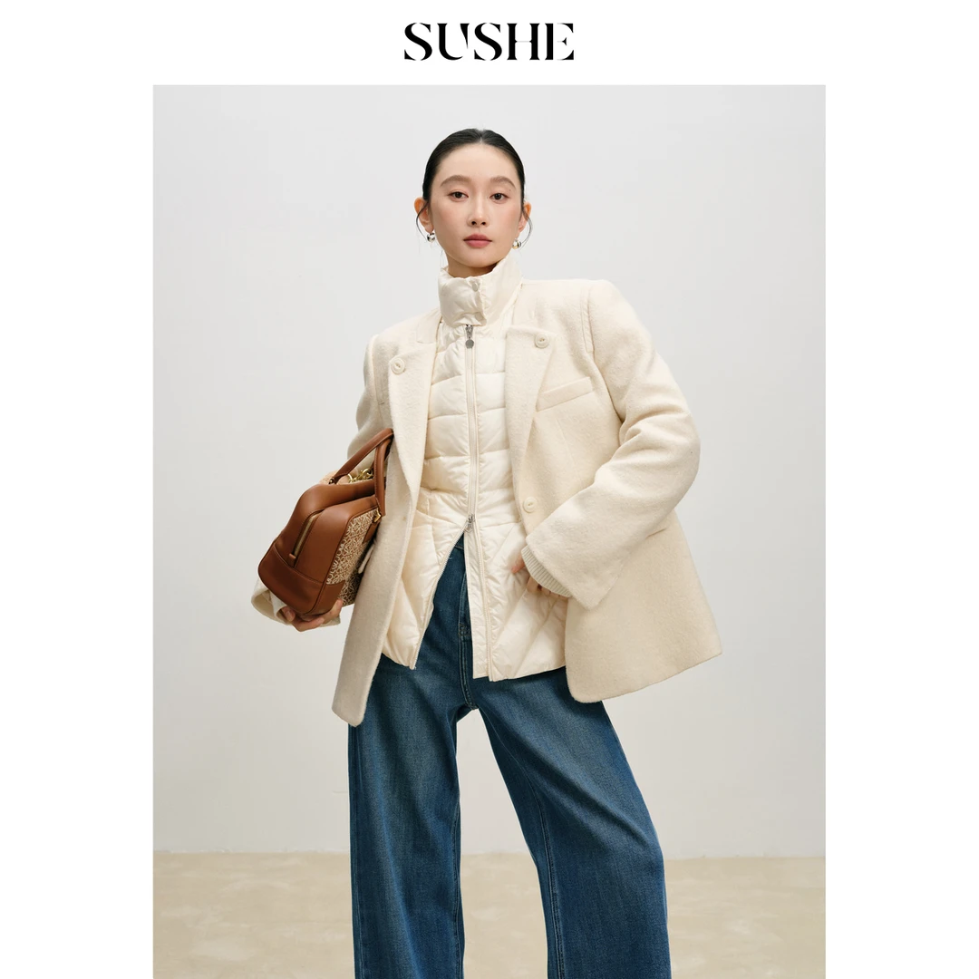 束皙SUSHE 芙酿 高智知性风 粗斜纹羊毛驳领正肩直筒白色西装外套