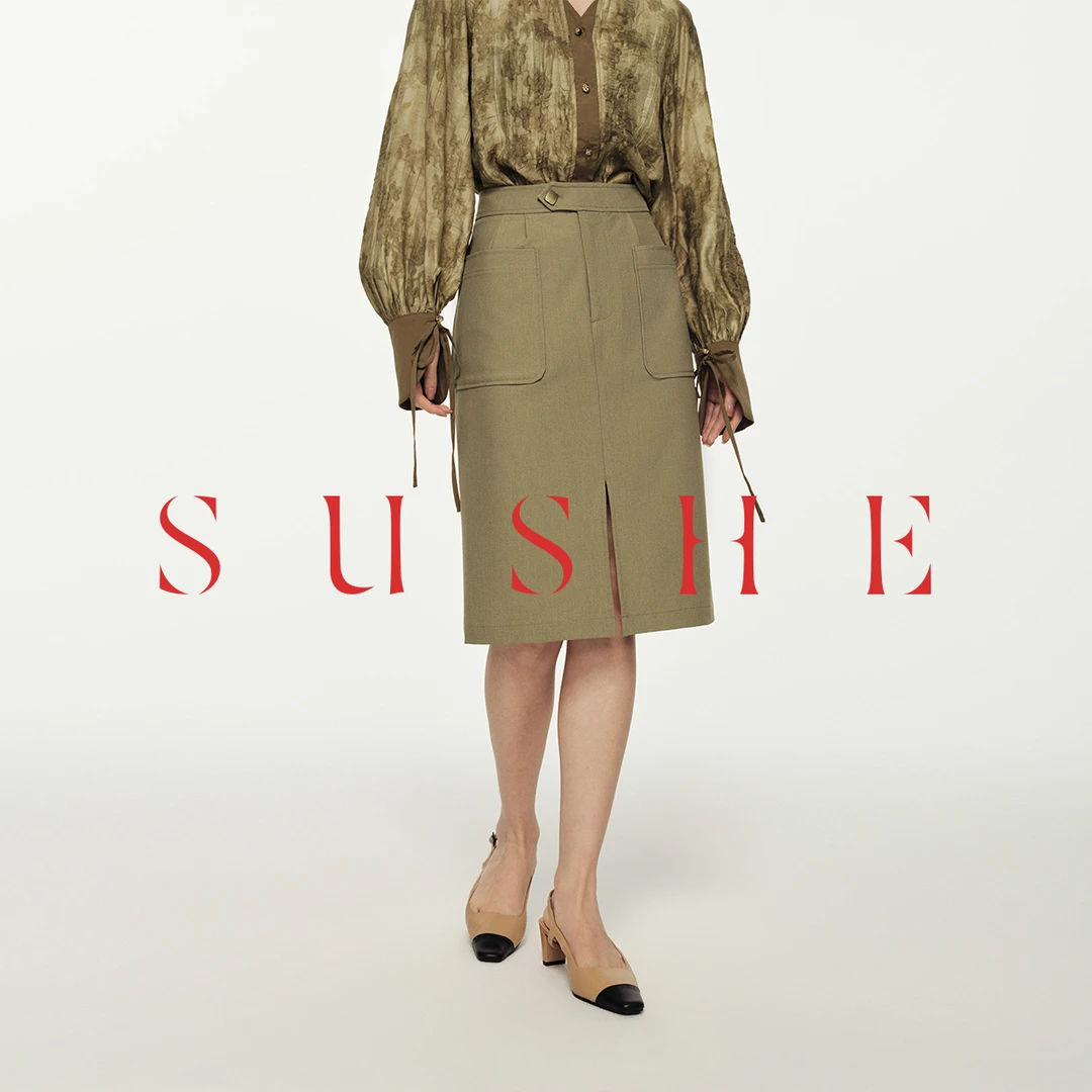束皙SUSHE解构新中式立裁双褶贴袋开叉长款半身裙女春装新款