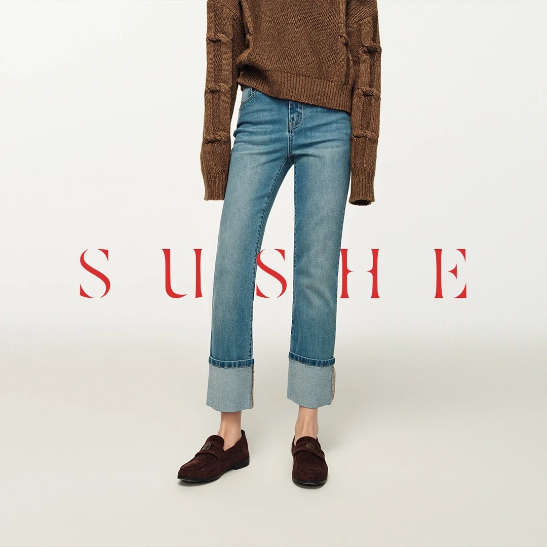 束皙美式宽松水洗蓝修身翻边塑形九分烟管牛仔裤春