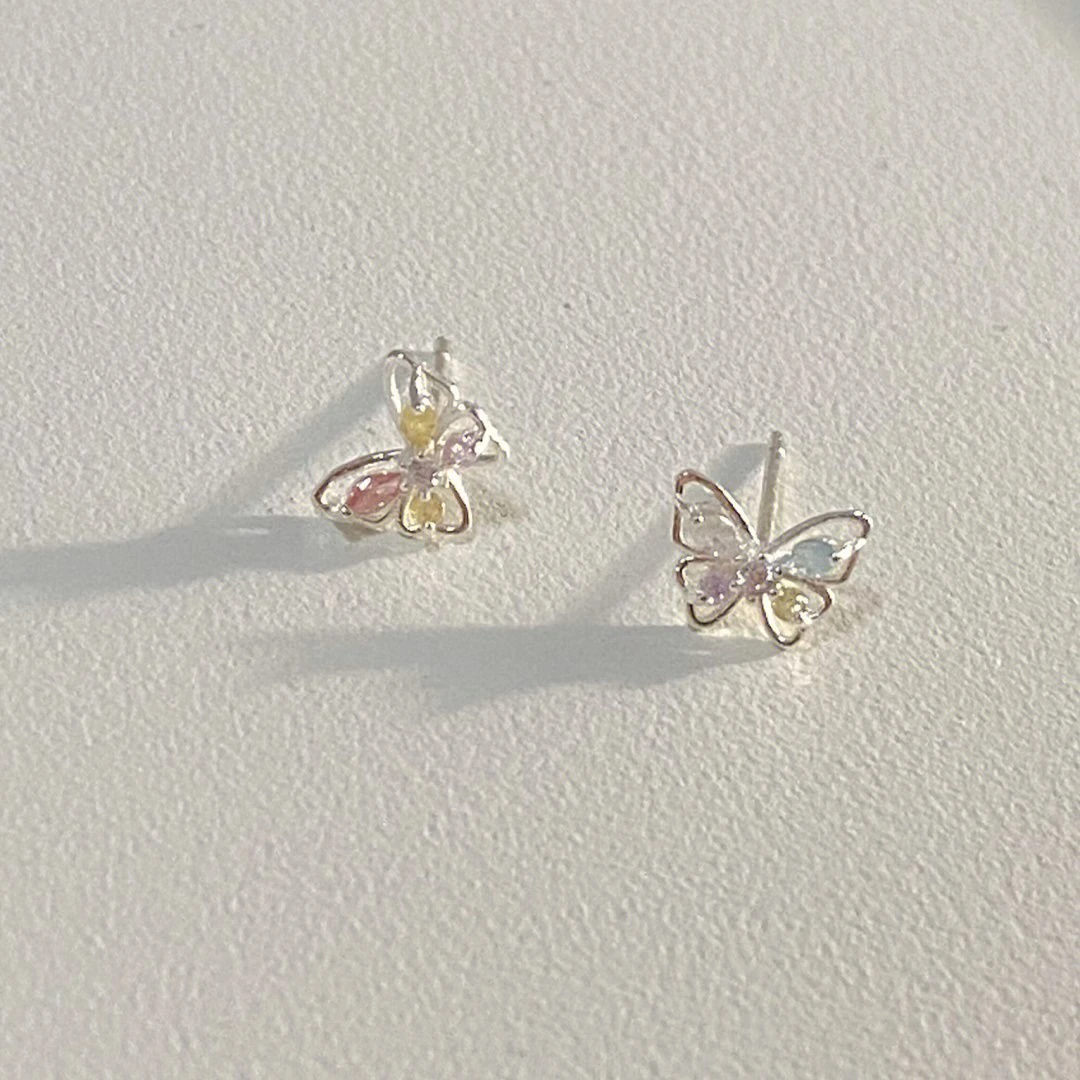 合金耳饰 绮梦蝴蝶彩色锆石耳钉精致小众甜美耳环高级小巧耳饰女