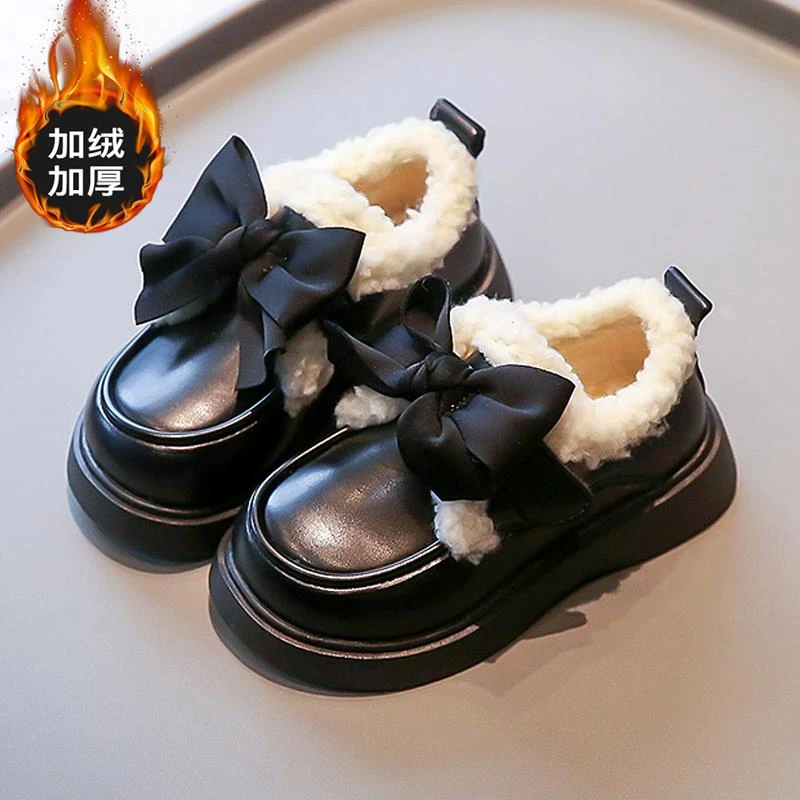 ins潮女童鞋皮鞋秋冬款2024新款儿童二棉豆豆鞋中大童女孩加绒棉