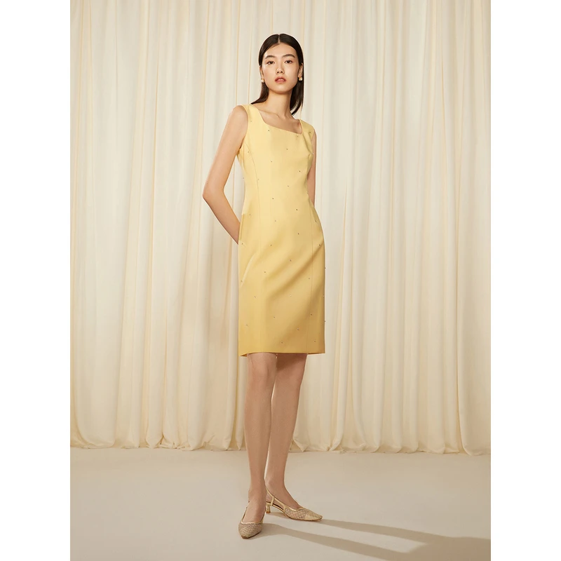 Song of Song/歌中歌简约气质纯色黄色方领无袖连衣裙5C33105080