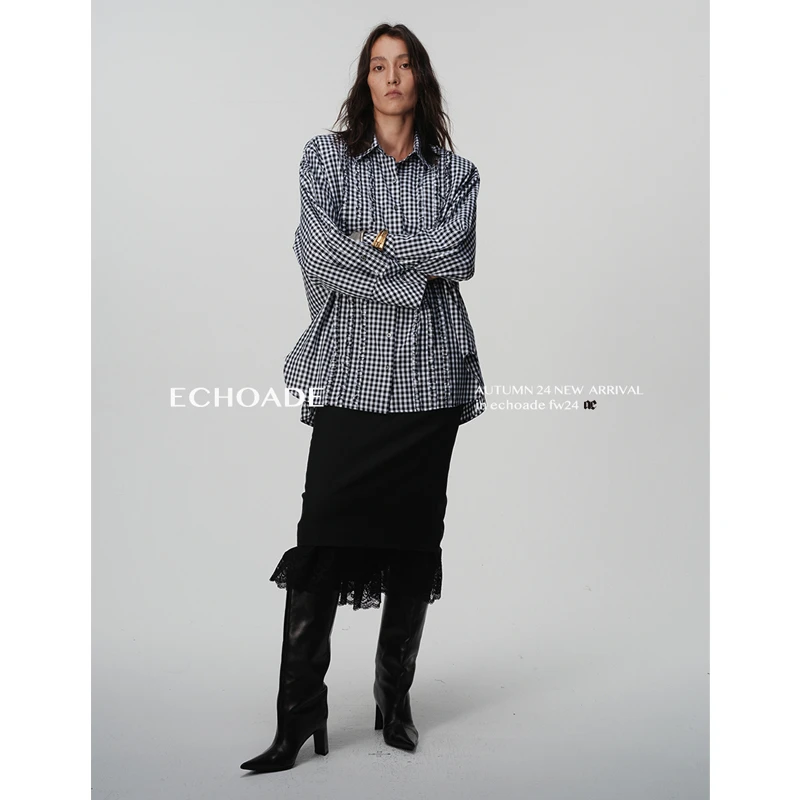 ECHOADE日本进口近江晒_高密棉时髦木耳边层次感宽松廓形垫肩衬衫