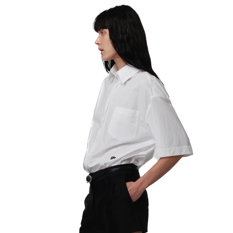 ECHOADE日本进口近江晒_高密棉独特皱感_极简宽松廓形短袖白衬衫