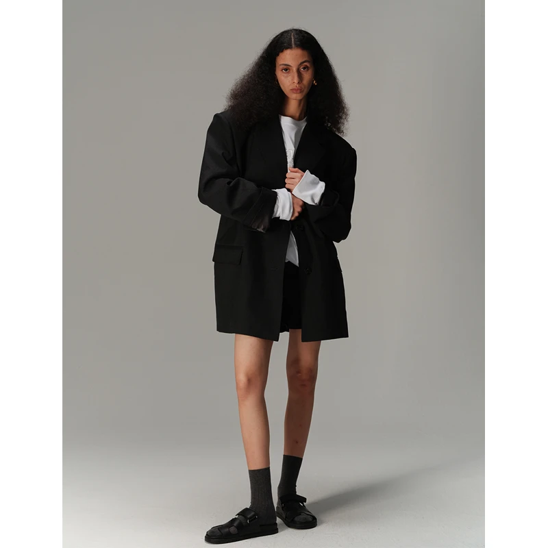 ECHOADE复古利落 羊毛混纺戗驳领垫肩设计随性时髦宽松大廓形西装