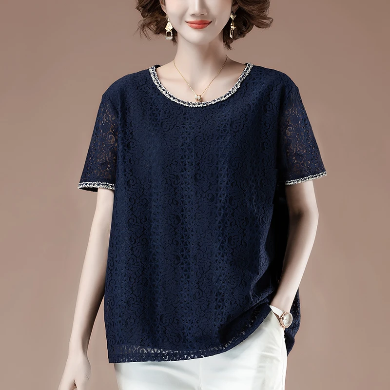 中老年妈妈夏季短袖蕾丝衫女宽松加肥加大码女装洋气遮肚显瘦上衣