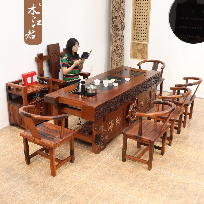 木江君老船木茶桌椅组合实木茶台功夫茶几一体办公室泡茶海纳百川