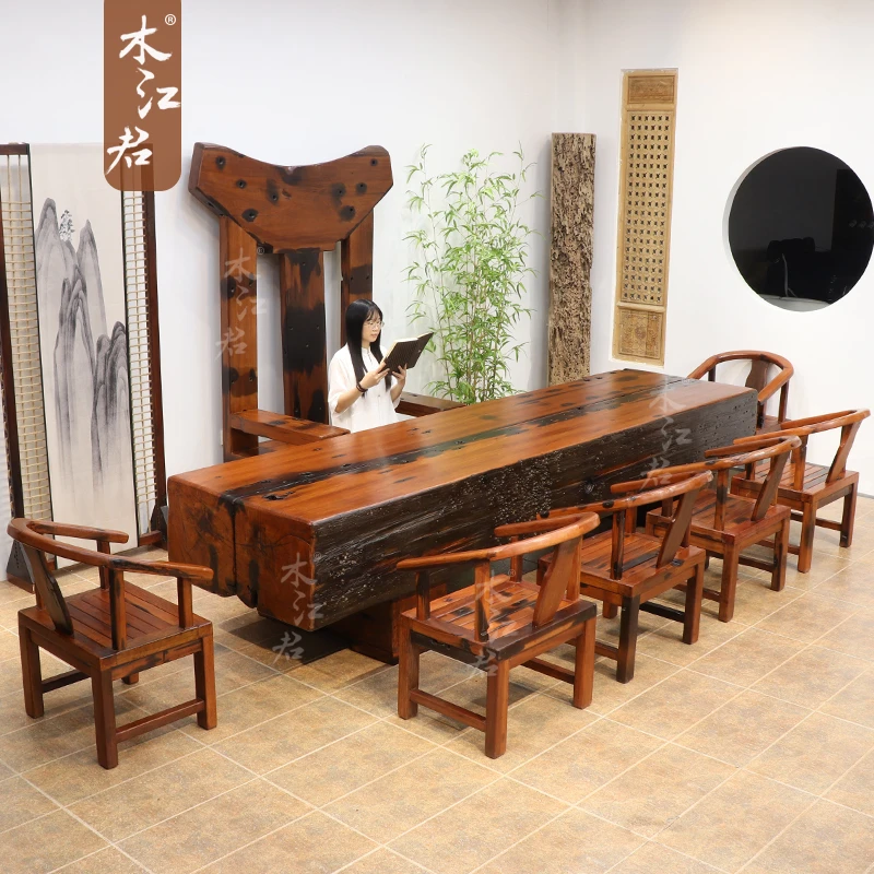 木江君老船木茶桌椅组合双拼龙骨茶台办公会议桌酒店会所大板台