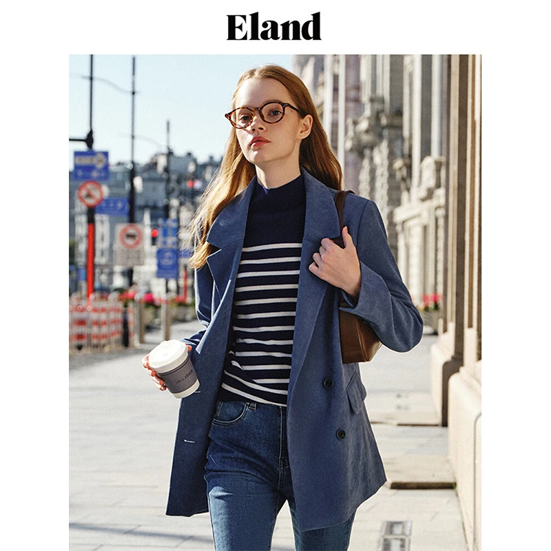 Eland衣恋秋圆领短袖条纹气质针织T恤中长款衫上衣女EEKWC8VQ2I