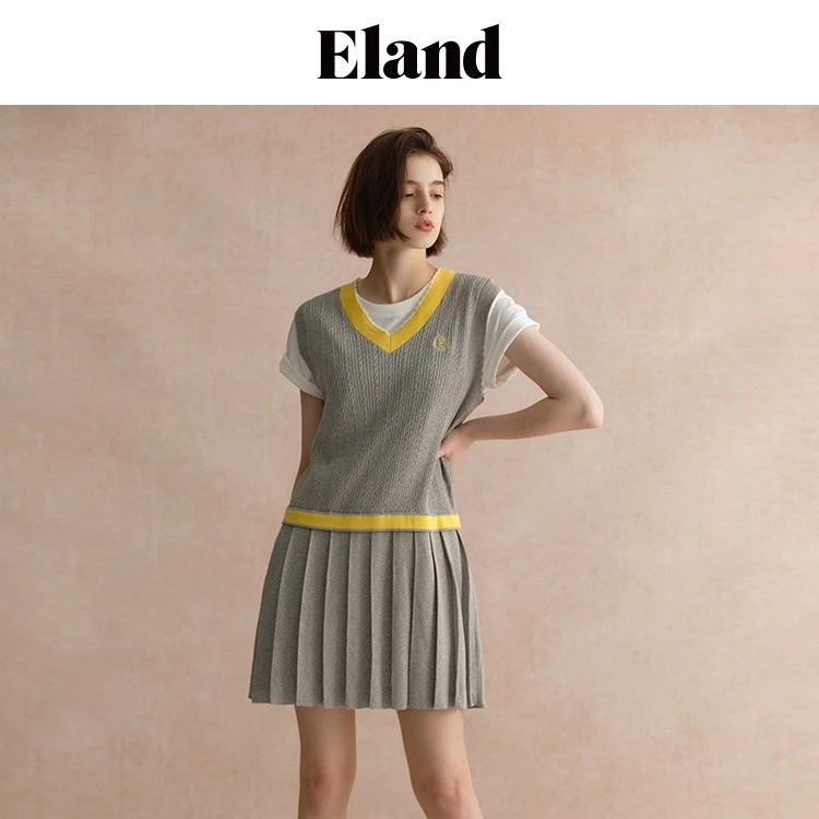Eland连衣裙V领针织背心百褶裙学院风春夏新款EEOKD6401I