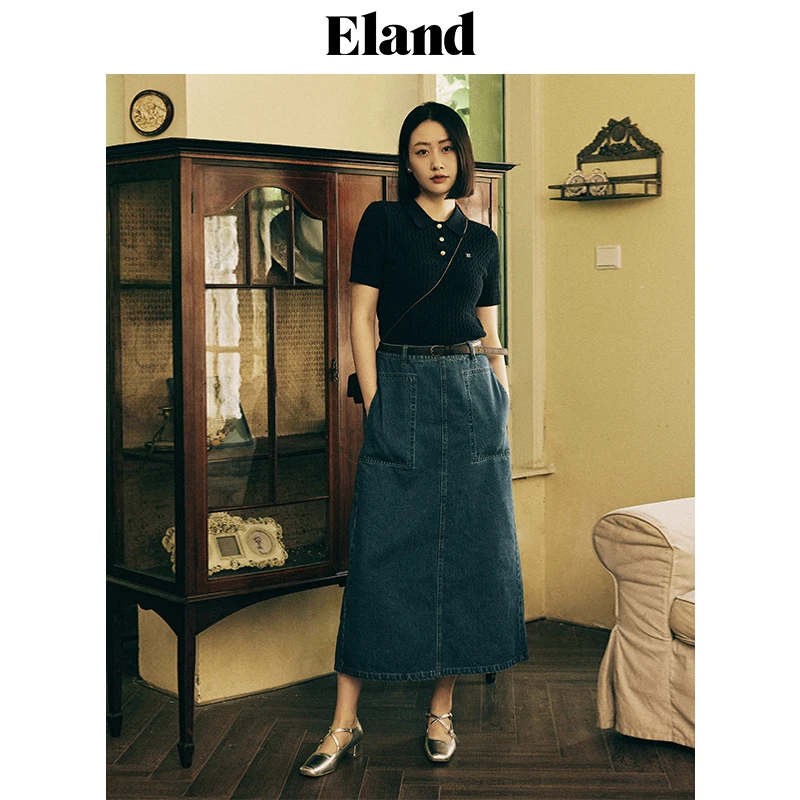 Eland衣恋气质复古女士高腰显瘦牛仔半裙日常穿搭EEWJE37T91
