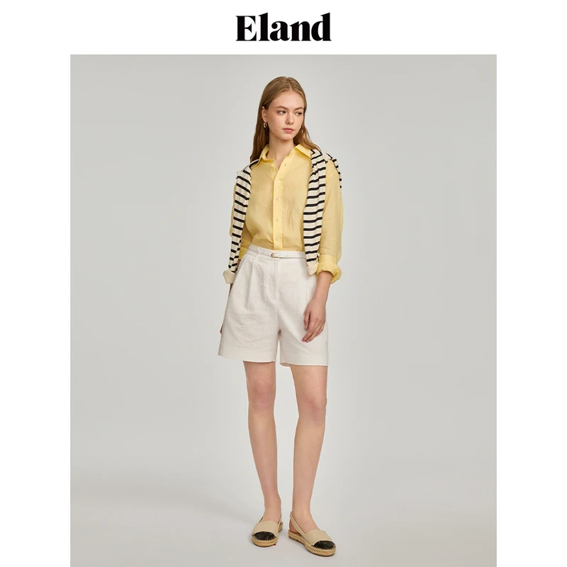 E·LAND衣恋衬衫女马卡龙色系苎麻面料通勤上衣EEYWE24Q91
