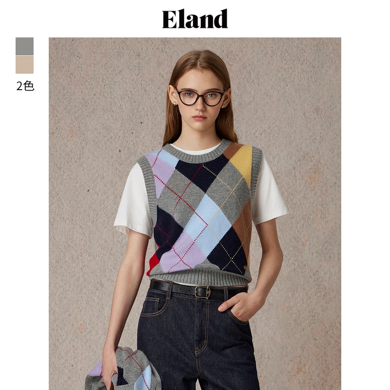 Eland衣恋学院风复古女士格纹圆领通勤马甲休闲百搭风EEVKE4TB03