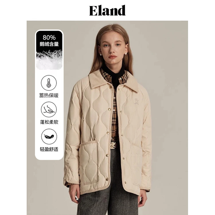 Eland防寒羽绒服老钱风翻领花纱呢包边外套女士雅丹风EEJDD4TT1I