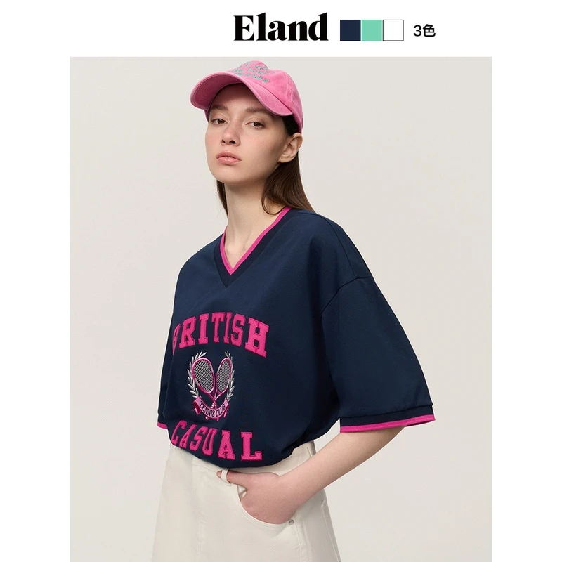 Eland衣恋撞色字母刺绣V领宽松短袖上衣绿色士夏款EERAD6303I