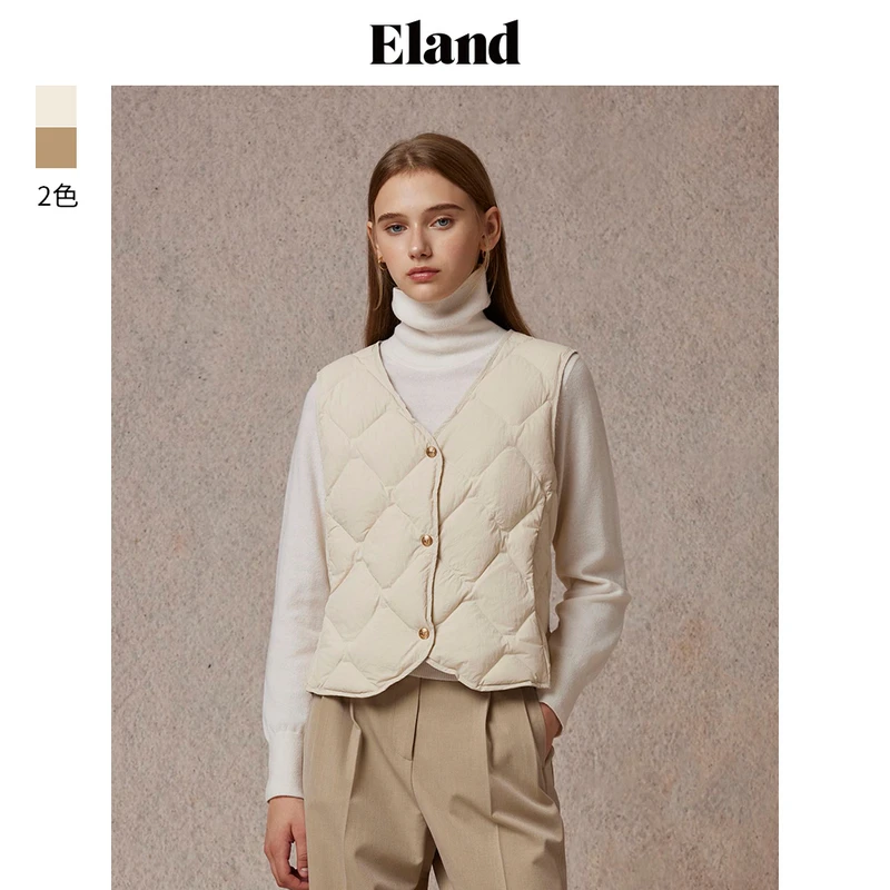Eland衣恋老钱风气质女士V领菱格保暖马甲背心简约风EEJDE4TE06