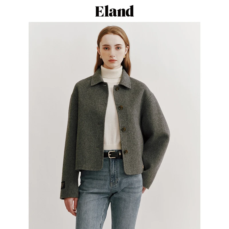 Eland衣恋格雷系气质女士双面毛呢短款舒适外套简约风EEJWE11Q93