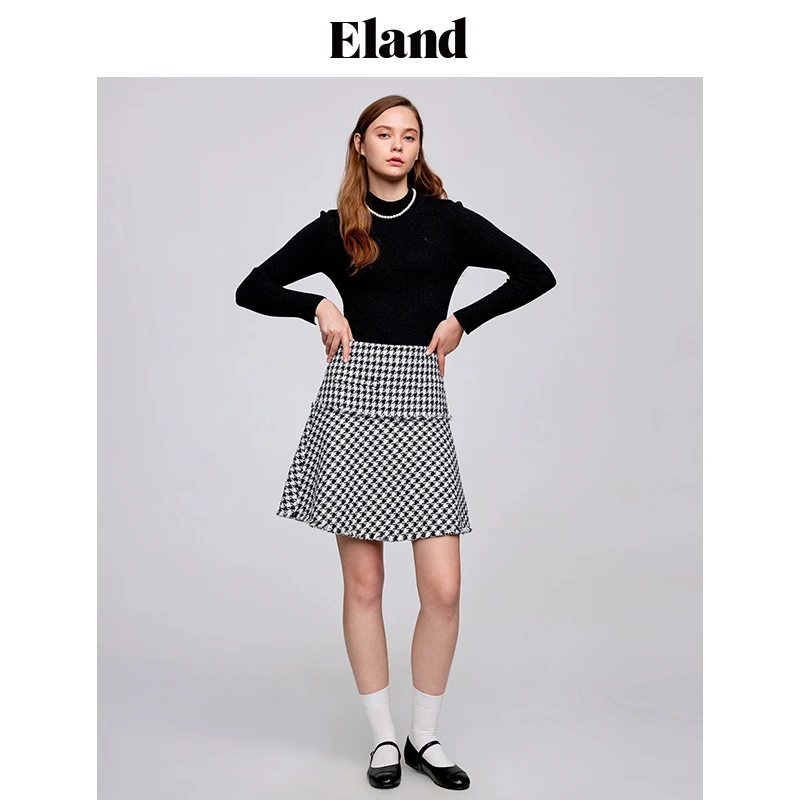 Eland衣恋半身裙千鸟格粗花呢A字裙甜美风半身裙短裙女EEWHC4TN3B