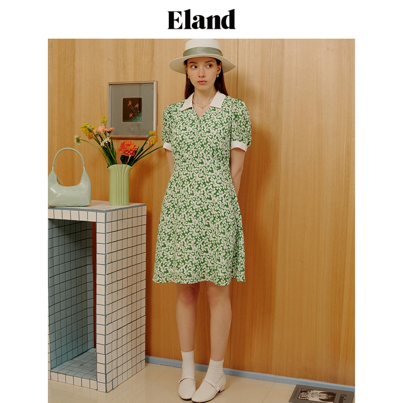 Eland衣恋时尚连衣裙翻领碎花温柔风茶歇桔梗裙EEOWD6303I