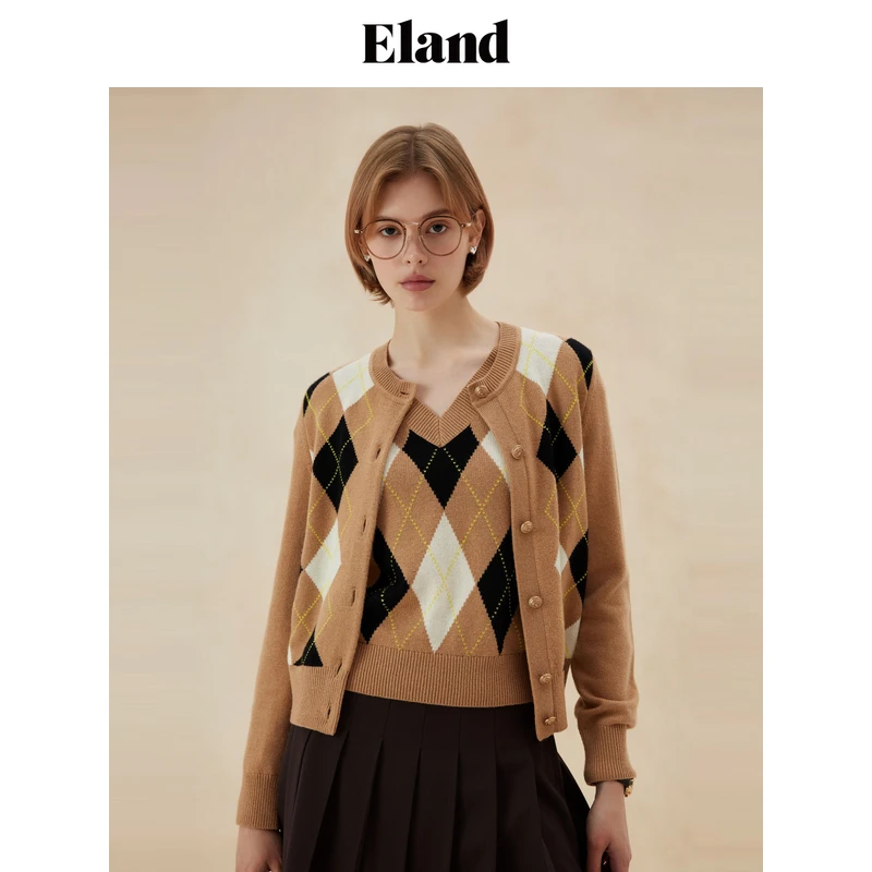Eland衣恋毛针织衫复古圆领格纹绵羊毛衫2025春季新款EECKE49E05