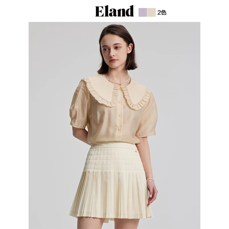Eland衣恋衬衫女花边娃娃领时尚短袖上衣甜美通勤穿搭EEBWD24Y01