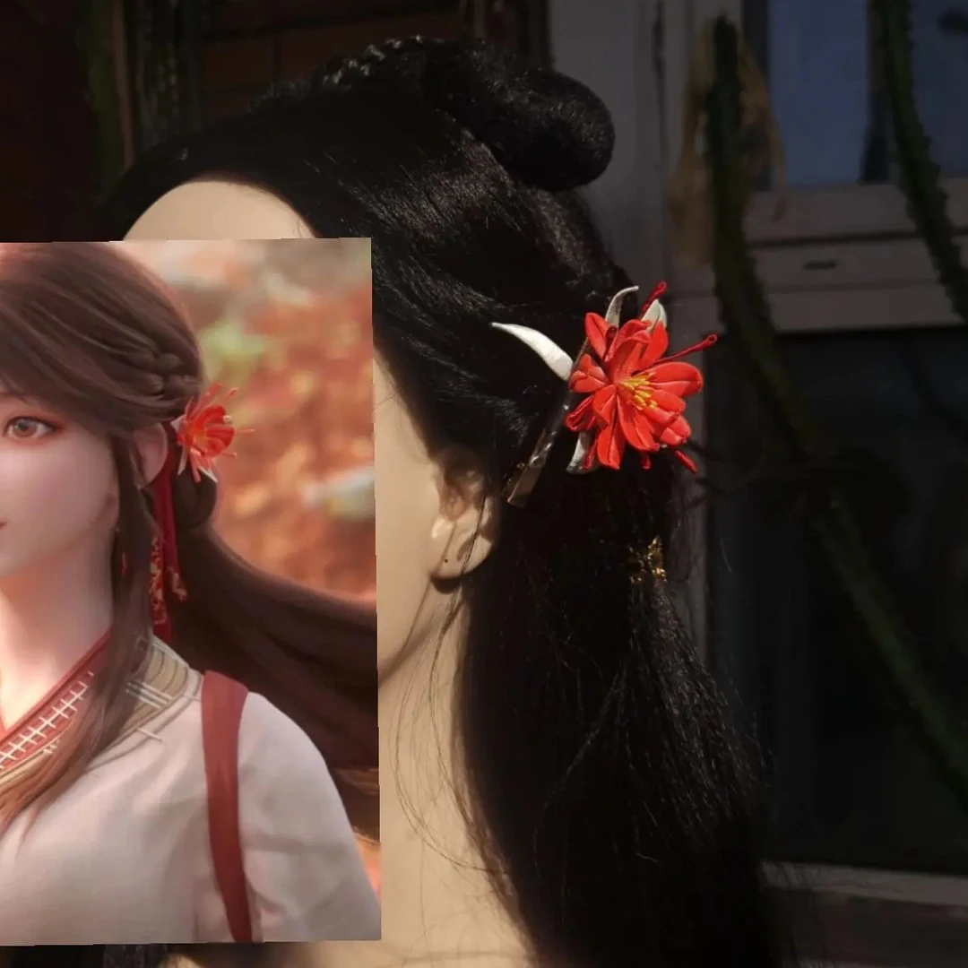 非遗缠花头饰火灵儿火桑花发夹送飘带手工染色完美世界火桑花开